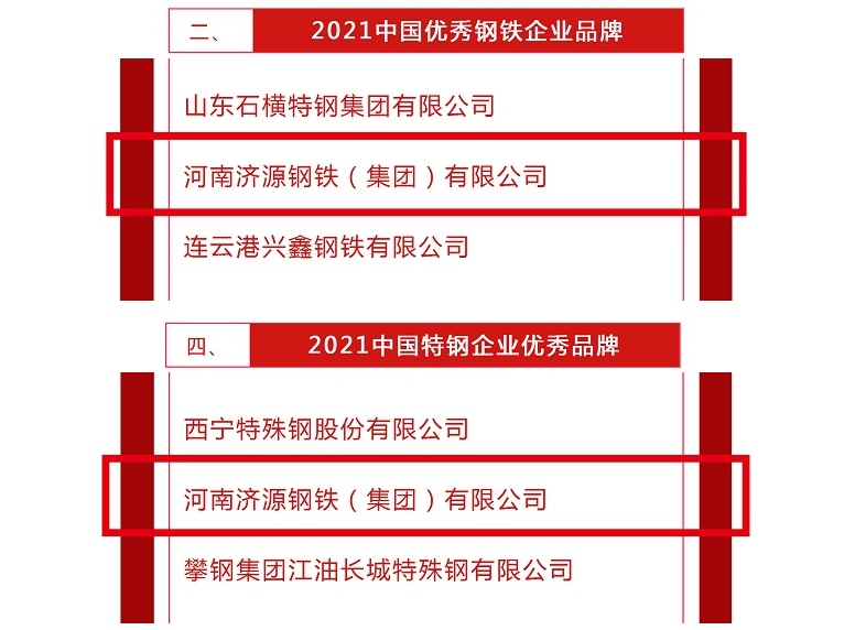 喜訊！濟源鋼鐵被評為“2021中國優秀鋼鐵企業品牌”和“2021中國特鋼企業優秀品牌”